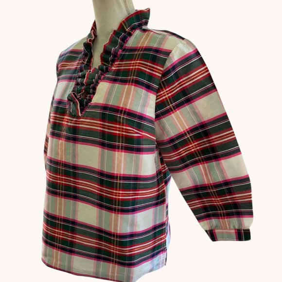Crown & Ivy Plaid Ruffle Stand Up Ruffled Collar Blouse Top NWT - Picture 4 of 7